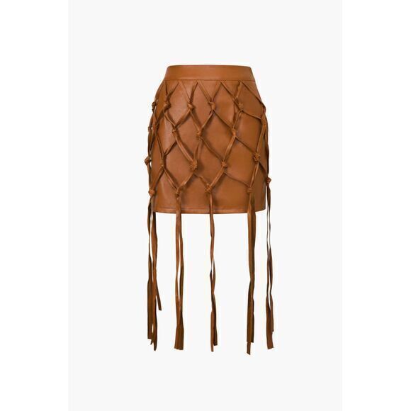 Micas Brown Faux Leather Fringe Mini Skirt Boho Festival Party Wear M - Picture 2 of 10